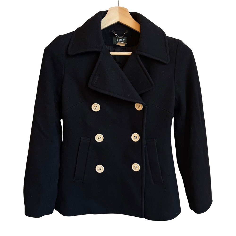 J.Crew Black Wool Peacoat Women's XS Double Breasted White Buttons Vintage Y2K